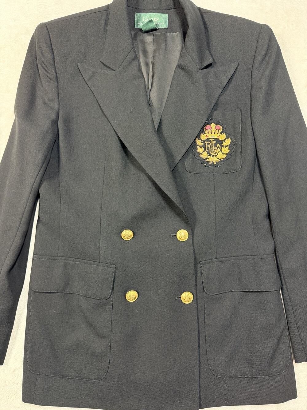 VTG Lauren Ralph Lauren Bullion Crest Wool Blazer Double Breasted Womens SZ 8